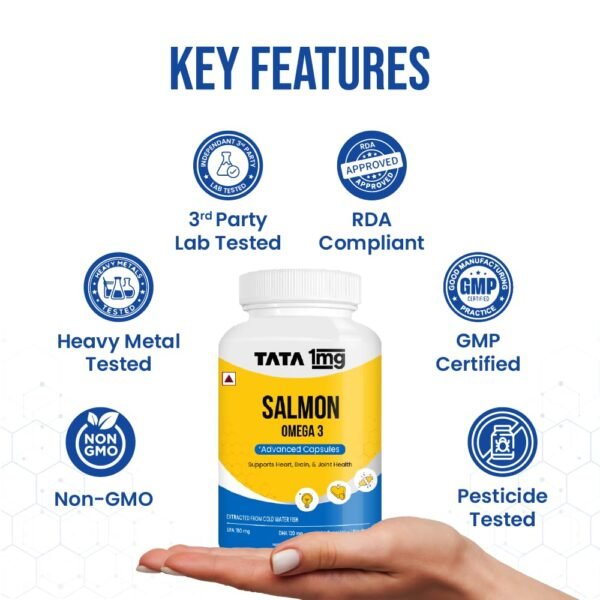 TATA 1mg Salmon Omega 3 Fish Oil Capsules 1000mg | Advanced Fish Oil supplement with 180mg EPA & 120mg DHA | High absorption Omega 3 for Heart, Brain & Joints | Helps manage cholesterol | Pack of 90 - Image 5