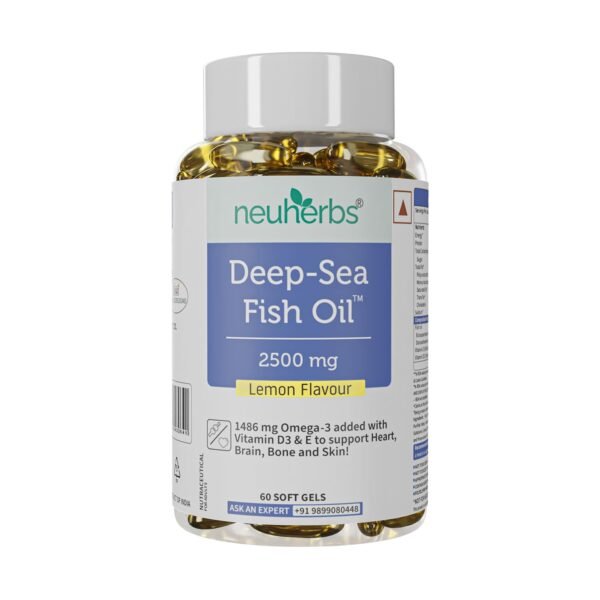 Neuherbs Deep Sea Omega 3 Fish Oil - Omega 3 Supplement Triple Strength 2500 Mg, 60 Softgel for Men and Women, Fish Oil softgels With No Fishy Burps with Lemon Flavour
