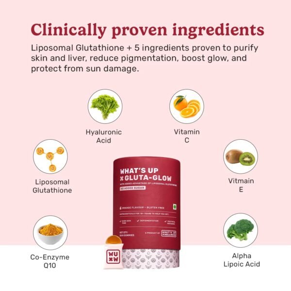 What's Up Wellness Gluta-Glow Gummies | Liposomal Glutathione with Vitamin C for Radiant Skin Tone | Depigmentation | Detoxification | 30 Days | Men & Women | No Added Sugar - Image 7