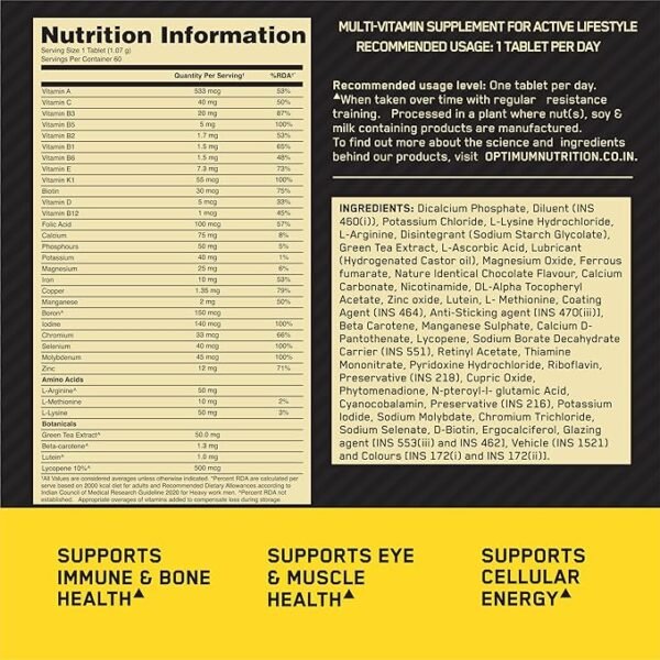Optimum Nutrition (ON) Multivitamin for MEN– 60 Tablets, 26 Vitamins & Minerals, Amino Acids & Anti-Oxidants (Green Tea Extract, Beta Carotene, Lutein, Lycopene). Vegetarian. - Image 3