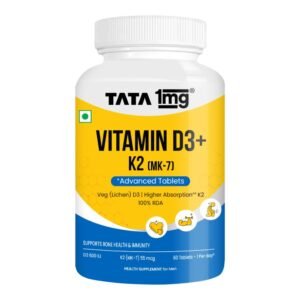 Tata 1mg Vitamin D3 + K2 (MK-7) | Supports Stronger Bones, Immunity & Calcium Absorption | 600 IU Vitamin D3 + 55 mcg K2 | Lichen Sourced, 100% Veg (60 Tablets)